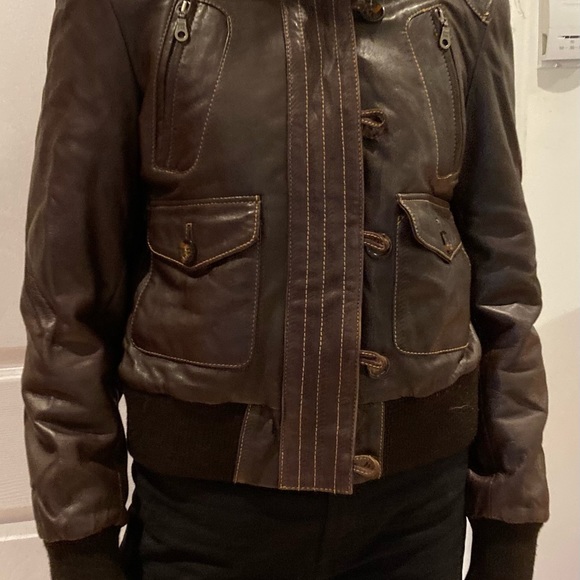 Chocolate Brown Leather Bomber Jacket w Fur Collar - Picture 8 of 10
